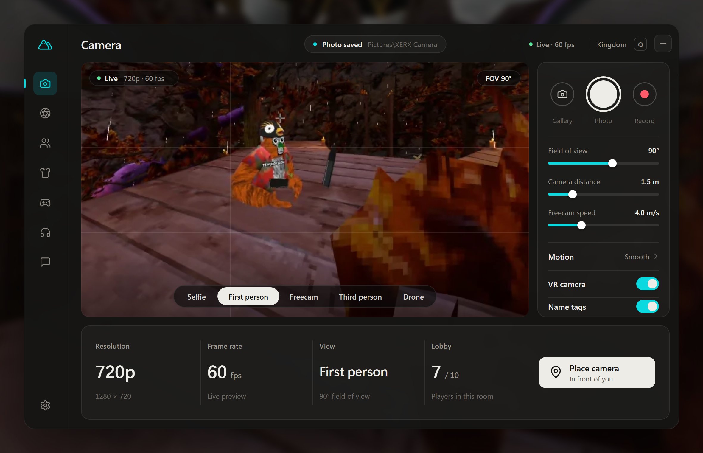 The XERX desktop menu with the live camera view, capture buttons and camera settings