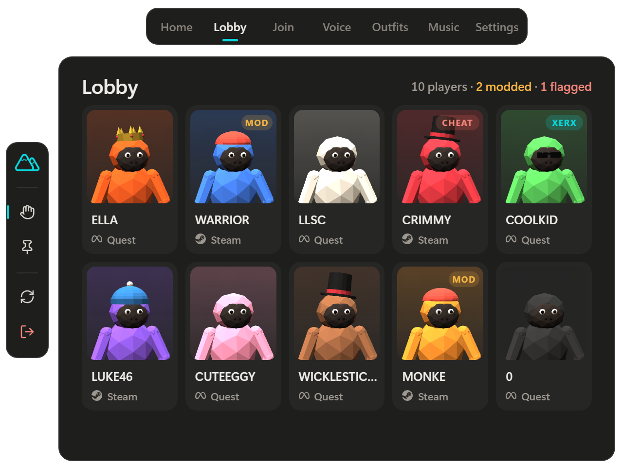 The XERX hand menu's Lobby page: every player with a portrait, their platform and mod tags