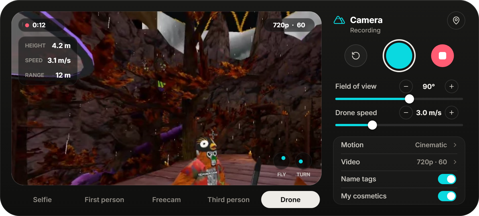 The XERX camera tablet flying the drone while recording, with height, speed and range